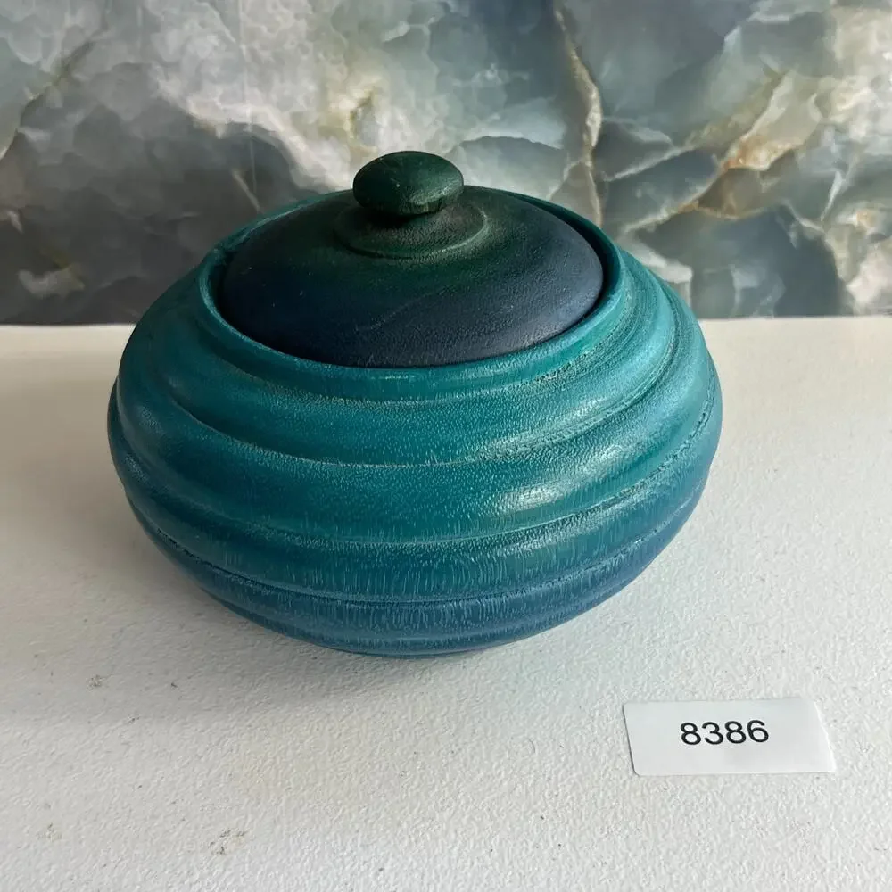 Vintage Lathe Turned Wooden Trinket Box with Lid Ombre Blue Teal